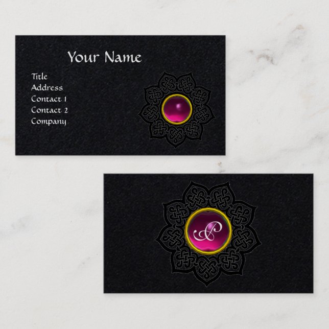 Tarjeta De Visita FLORES DE KNOT CELTIC FUCHSIA GEMSTONE MONOGRAM Ne (Anverso / Reverso)