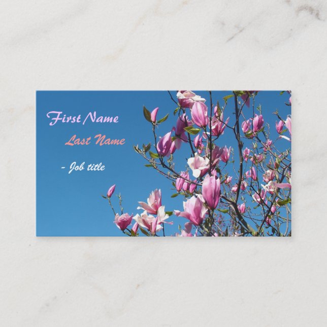Tarjeta De Visita Flores de magnolia rosa primavera en cielo azul (Anverso)