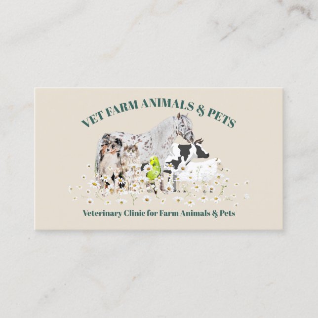 Tarjeta De Visita Flores de margarita verde beige animales de granja (Anverso)