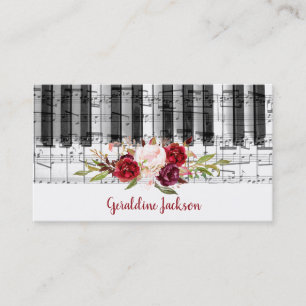 Tarjeta De Visita flores de marsala y diseño musical de piano