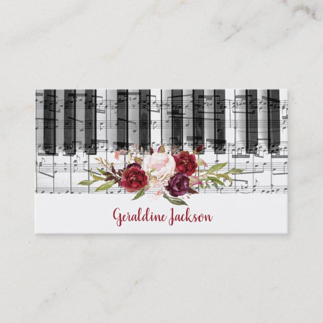 Tarjeta De Visita flores de marsala y diseño musical de piano (Anverso)