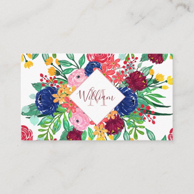 Tarjeta De Visita Flores de moda de boho azul y rojo de la Marina (Anverso)