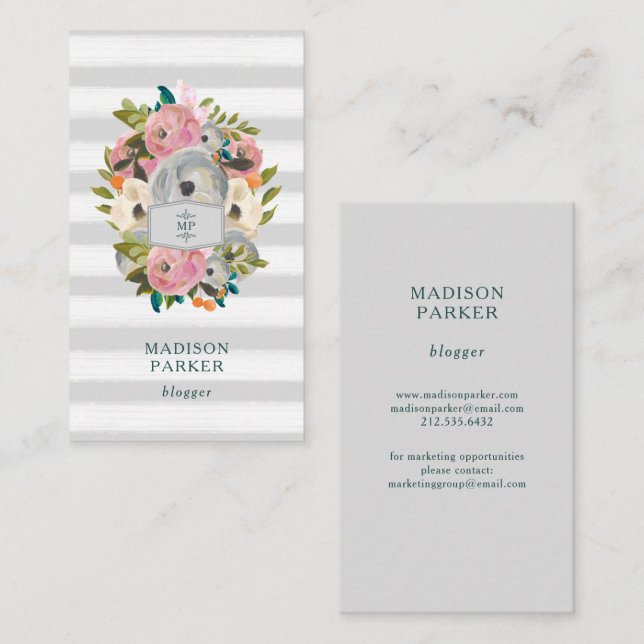 Tarjeta De Visita Flores de moda de la acuarela con las rayas grises (Anverso / Reverso)