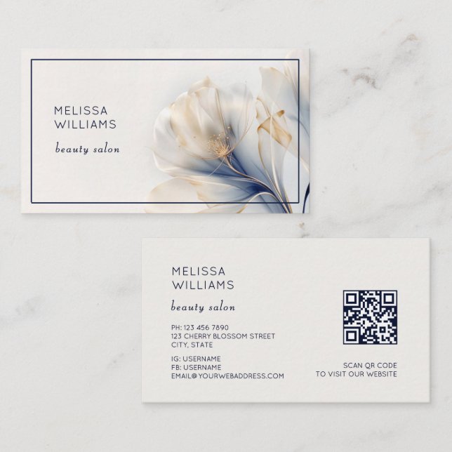 Tarjeta De Visita Flores de Oro Azul Etéreo (Anverso / Reverso)