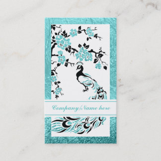 Tarjeta De Visita Flores de pavo real negro, aqua y cerezo