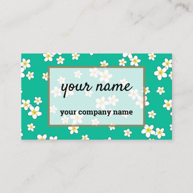 Tarjeta De Visita Flores de Plumeria Blanca sobre fondo verde de men (Anverso)