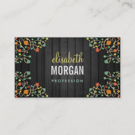 Tarjeta De Visita Flores de remolino cortas en madera oscura