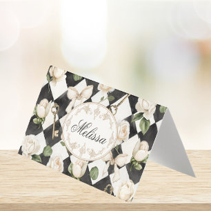 Tarjeta De Visita Flores de Rosa Vintage Monograma Negro Blanco Pleg