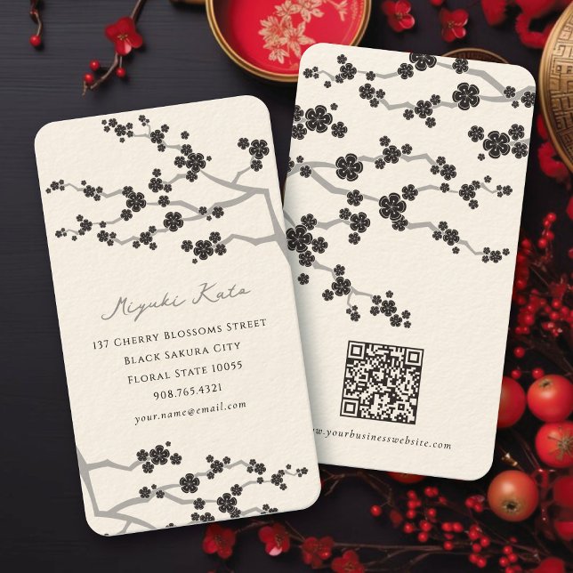 Tarjeta De Visita Flores de Sakura Negra Cerezo Flor Oriental Zen (Stylish Black Sakura Cherry Blossoms Spring Flowers Oriental Zen Business / Profile Card @ fatfatin)