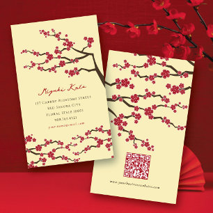 Tarjeta De Visita Flores de Sakura Rojas Chic Oriental Flores de Cer