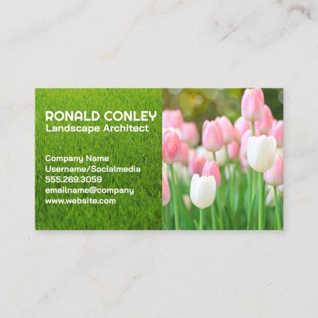 Tarjeta De Visita Flores de tulipanes blancos rosas | Paisajismo (Anverso)