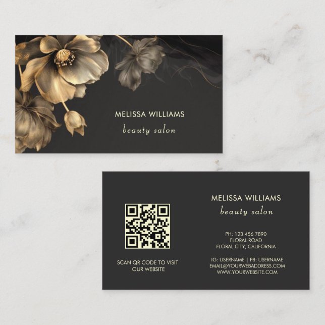 Tarjeta De Visita Flores Doradas Negras  (Anverso / Reverso)