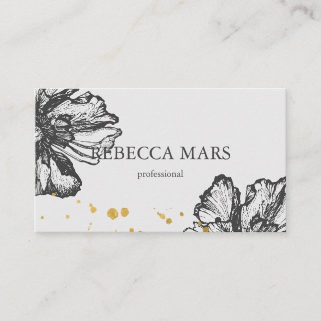 Tarjeta De Visita Flores elegantes con gotas doradas (Anverso)