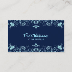 Tarjeta De Visita Flores elegantes de color azul cielo bordean
