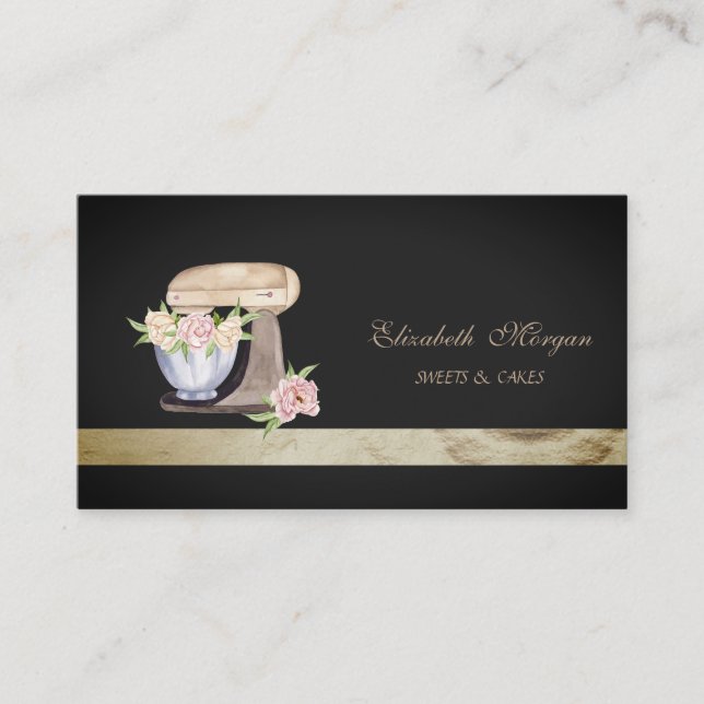 Tarjeta De Visita Flores elegantes de mezclador de panadería negra (Anverso)
