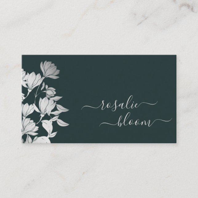 Tarjeta De Visita Flores Elegantes Patrón floral simple Verde oscuro (Anverso)