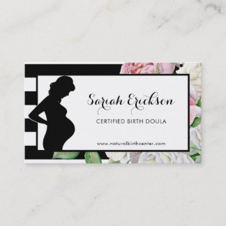 Tarjeta De Visita Flores elegantes y rayas de maternidad Doula
