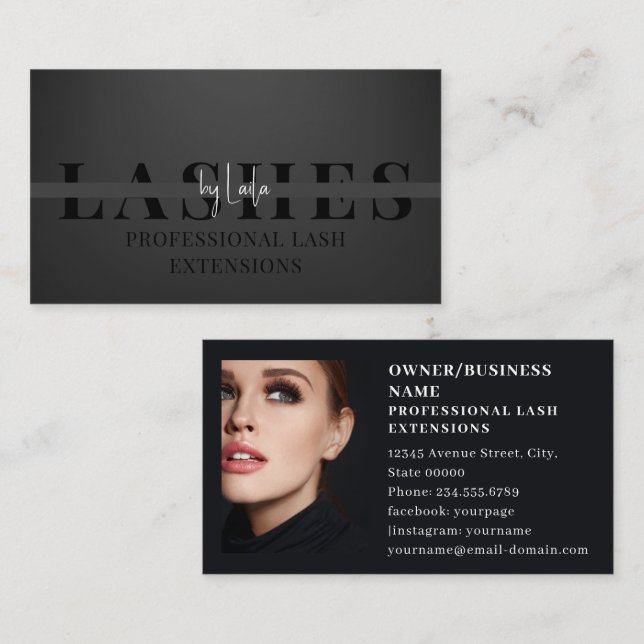 Tarjeta De Visita Flores/ Eyelash Salon Photo Black Luxury (Anverso / Reverso)
