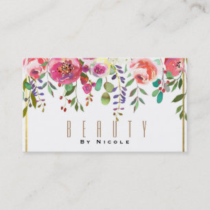 Tarjeta De Visita Flores Florales Acuarela Modernas Glamour Dorado