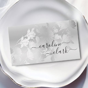 Tarjeta De Visita Flores gris plateadas elegantes