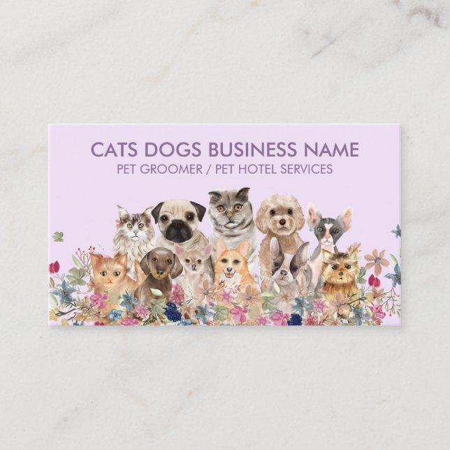 Tarjeta De Visita Flores Lilac Purple Dogs and Cats (Anverso)