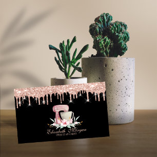 Tarjeta De Visita Flores Mixer Rosa Dorado con Goteo Negro Tu Logo