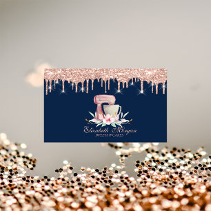 Tarjeta De Visita Flores Mixer Rosa Oro Goteos Panadería Azul Marino