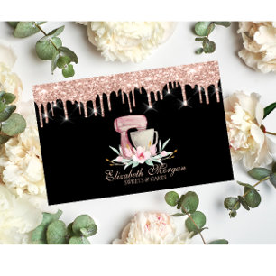 Tarjeta De Visita Flores Mixer Rose Gold Drips Panadería Negro 
