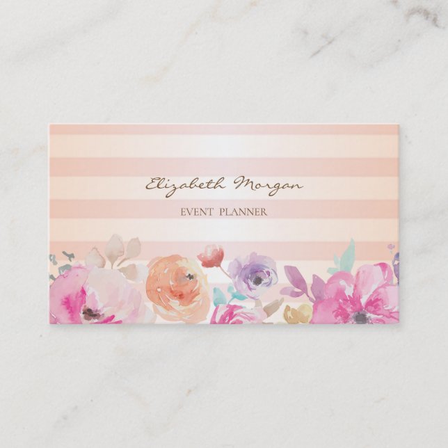 Tarjeta De Visita Flores Modernas de Acuarela a Rayas con Estilo (Anverso)