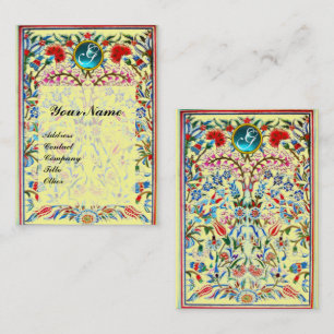 Tarjeta De Visita FLORES ORIENTALES DAMASK MONOGRAM Amarillo azul