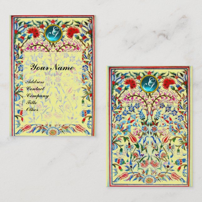 Tarjeta De Visita FLORES ORIENTALES DAMASK MONOGRAM Amarillo azul (Anverso / Reverso)