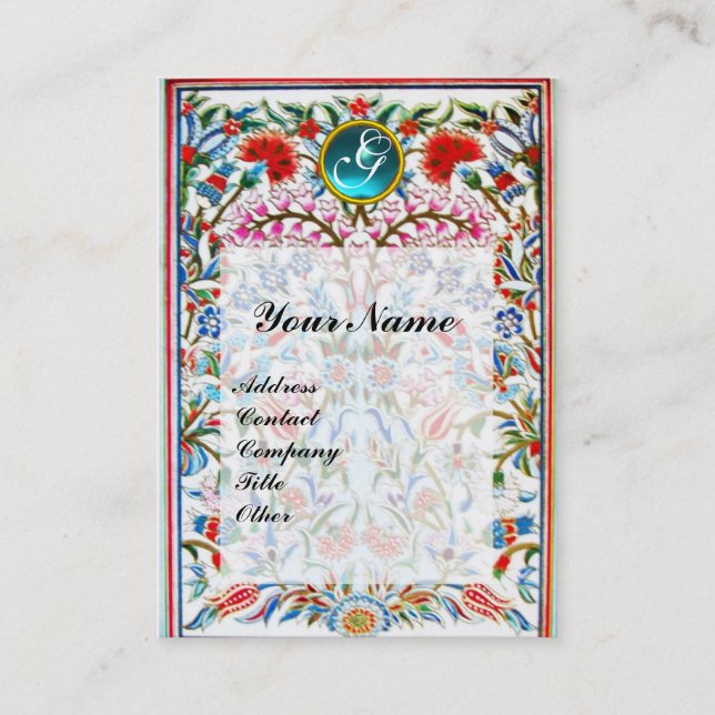 Tarjeta De Visita FLORES ORIENTALES DAMASK MONOGRAM Blue Aquamarine (Anverso)