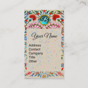 Tarjeta De Visita FLORES ORIENTALES DAMASK MONOGRAM Floral rosa azul