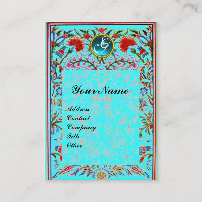 Tarjeta De Visita FLORES ORIENTALES DAMASK MONOGRAM Turquasa azul (Anverso)