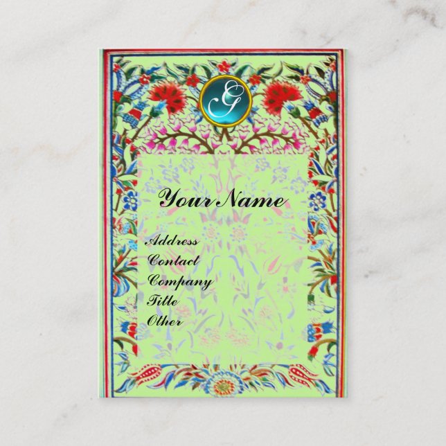 Tarjeta De Visita FLORES ORIENTALES DAMASK MONOGRAM Verde azul (Anverso)