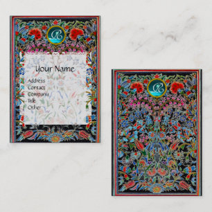 TARJETA DE VISITA FLORES ORIENTALES ROJOS AZULES ROJOS DAMASK MONOGR
