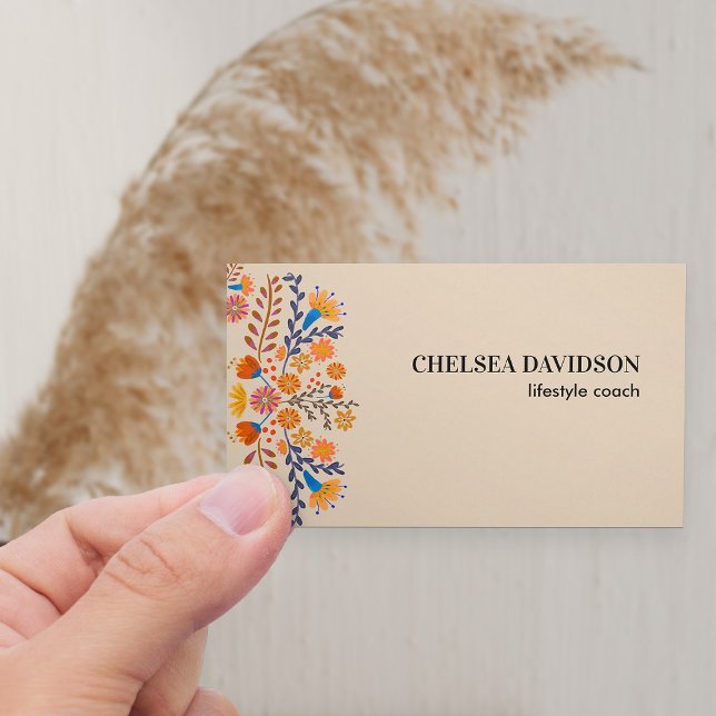 Tarjeta De Visita Flores populares mexicanas Earthy Tan (Neutral boho floral business card in warm earthy tan with mexican folk flowers)
