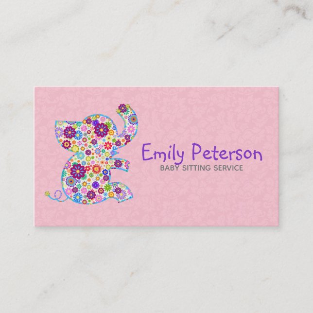 Tarjeta De Visita Flores Retro Cute Elefante Personalizado (Anverso)