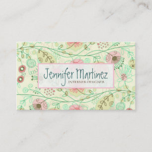 Tarjeta De Visita Flores Retro De Mano Corta, Verde Y Beige