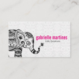 Tarjeta De Visita Flores retro negras y diamantes blancos elefantes