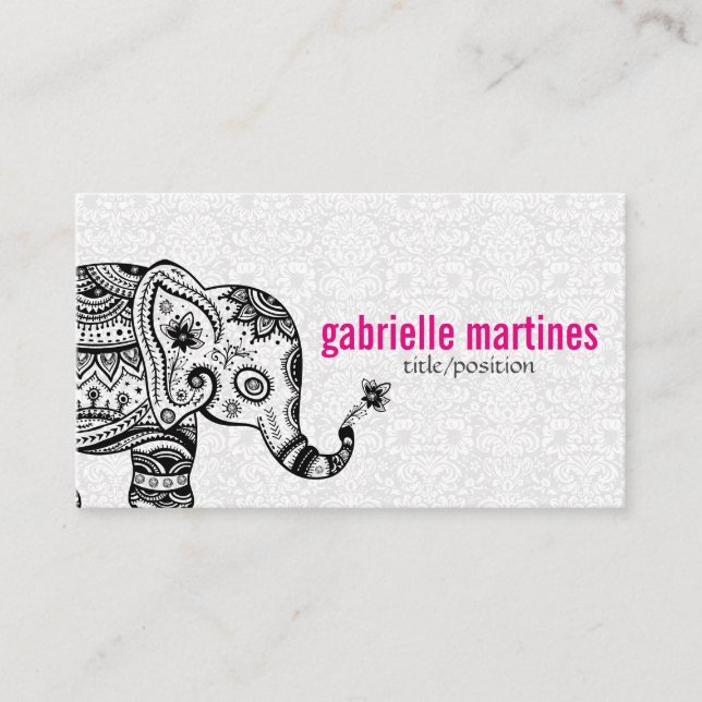 Tarjeta De Visita Flores retro negras y diamantes blancos elefantes (Anverso)