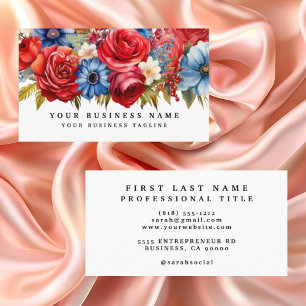 Tarjeta De Visita Flores Rojas Blancas y Azules Patrióticas Florales