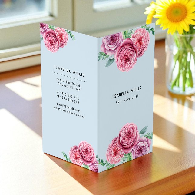 Tarjeta De Visita Flores rosa floral azul elegante vertical (Subido por el creador)