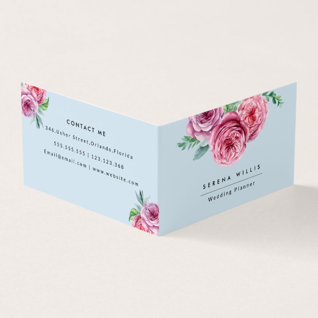 Tarjeta De Visita Flores rosa florales Blue Elegant (Exterior)