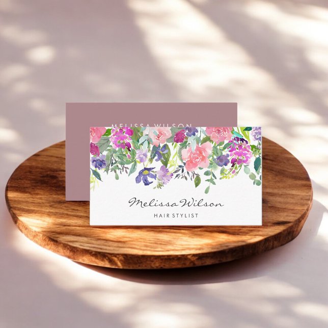 Tarjeta De Visita Flores Rosa Y Púrpura Escritura A Mano Moderna (Subido por el creador)