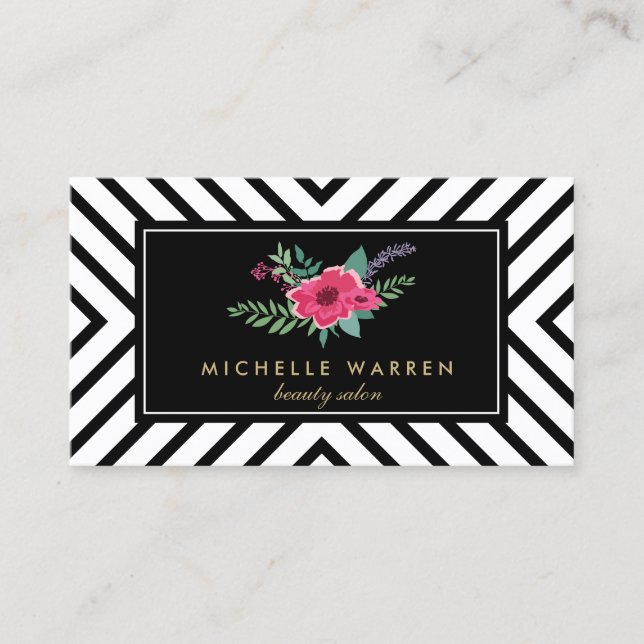 Tarjeta De Visita Flores rosadas del patrón negro y blanco del moho  (Anverso)