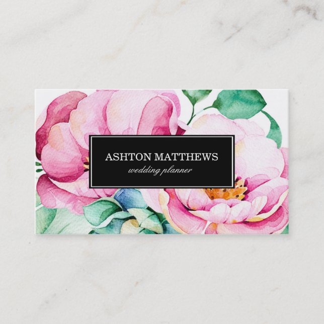 Tarjeta De Visita Flores rosadas elegantes de la acuarela (Anverso)