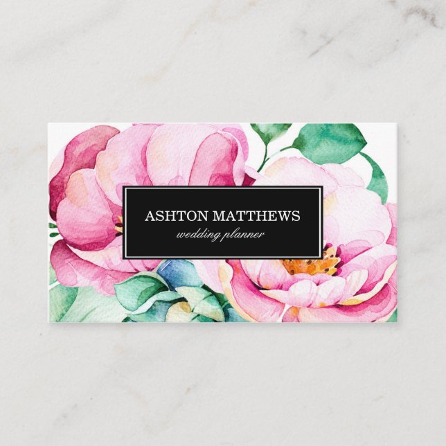 Tarjeta De Visita Flores rosadas elegantes de la acuarela (Anverso)