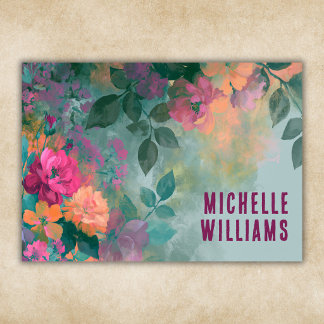 Tarjeta De Visita Flores rosadas florales boho vintage turquesa teal