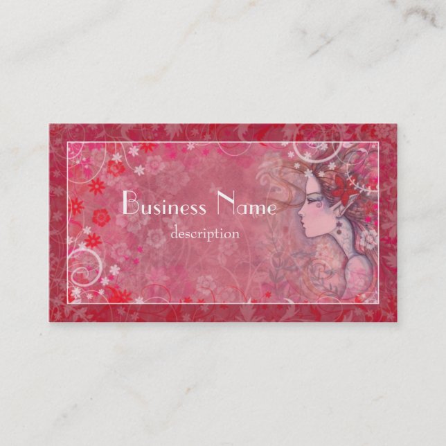 Tarjeta De Visita Flores Rosadas Rojas y Blancas con Mujer Ilustrada (Anverso)